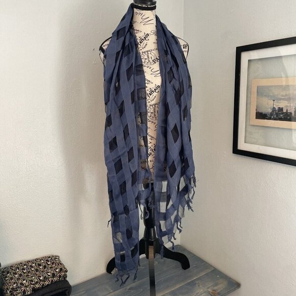 70" Sara Jane Silk Blend Sheer Plaid Blue Womens Rectangular Scarf (U5) - Picture 1 of 6